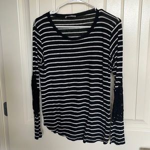 ZARA semi sheer striped sweater with lace insets at elbows. EUC size L